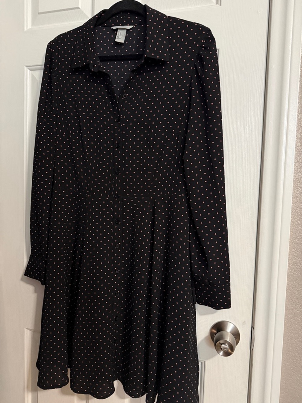 H&M Black Long-Sleeve Polka Dot Button-Front Dress